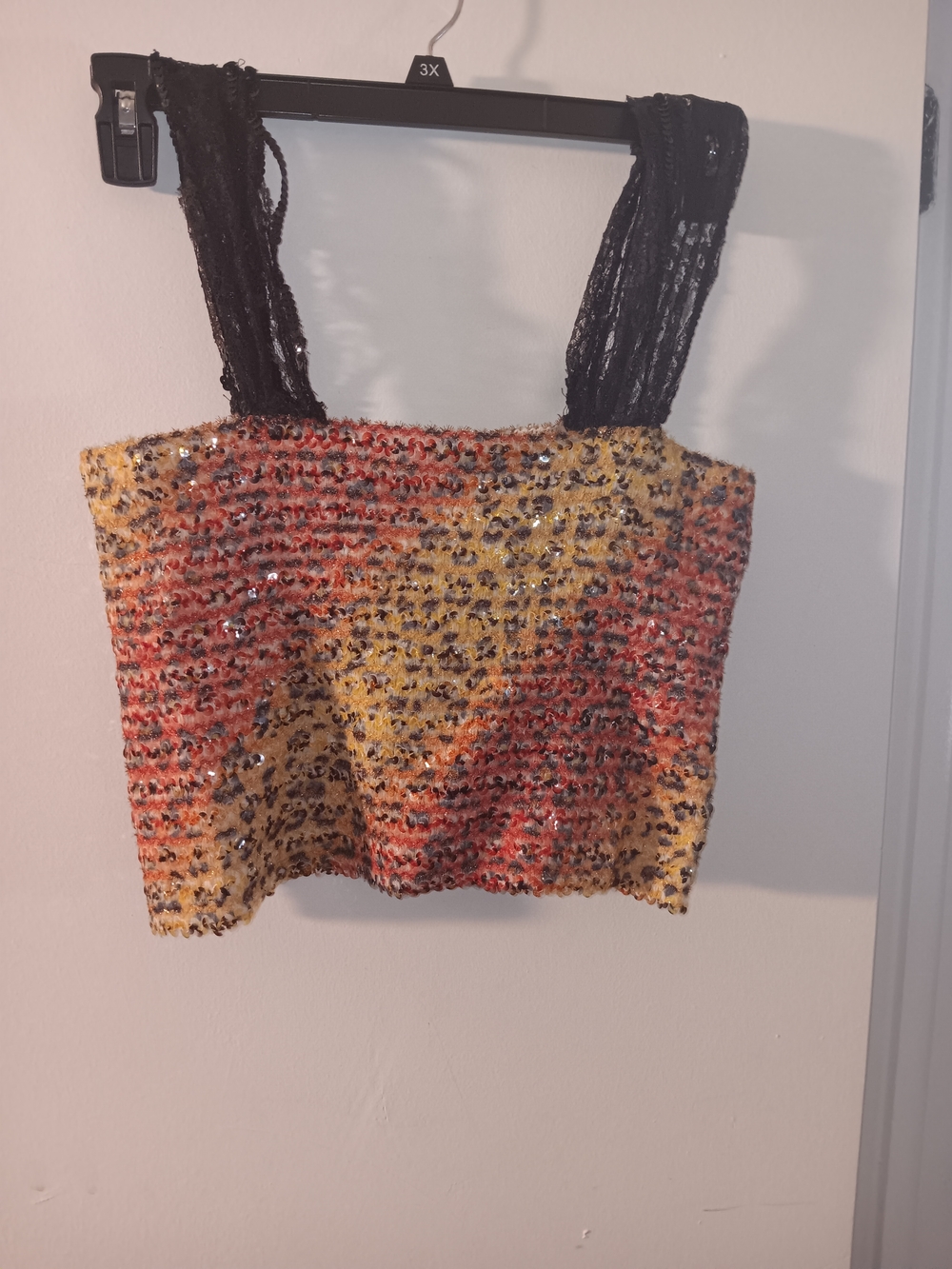 Sequin Textured Cropped Tank Top - Black Straps, Multicolor Body